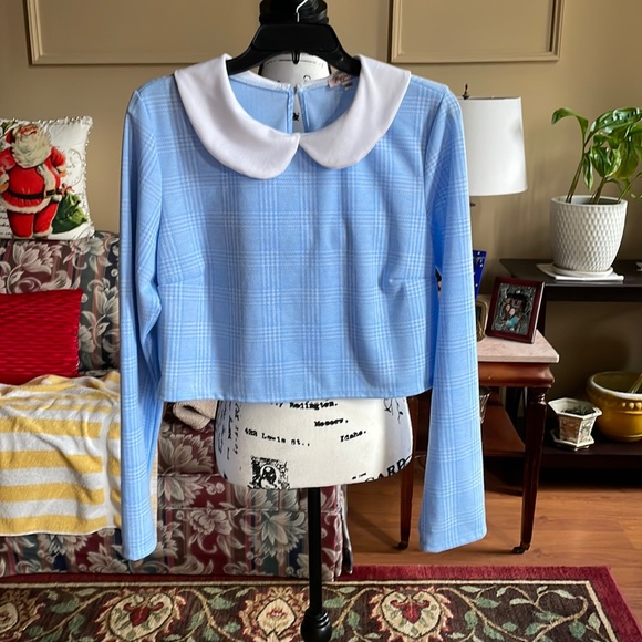 My Violet “Debbie” Long Sleeve Crop Top in Blue Plaid - Picture 2 of 5